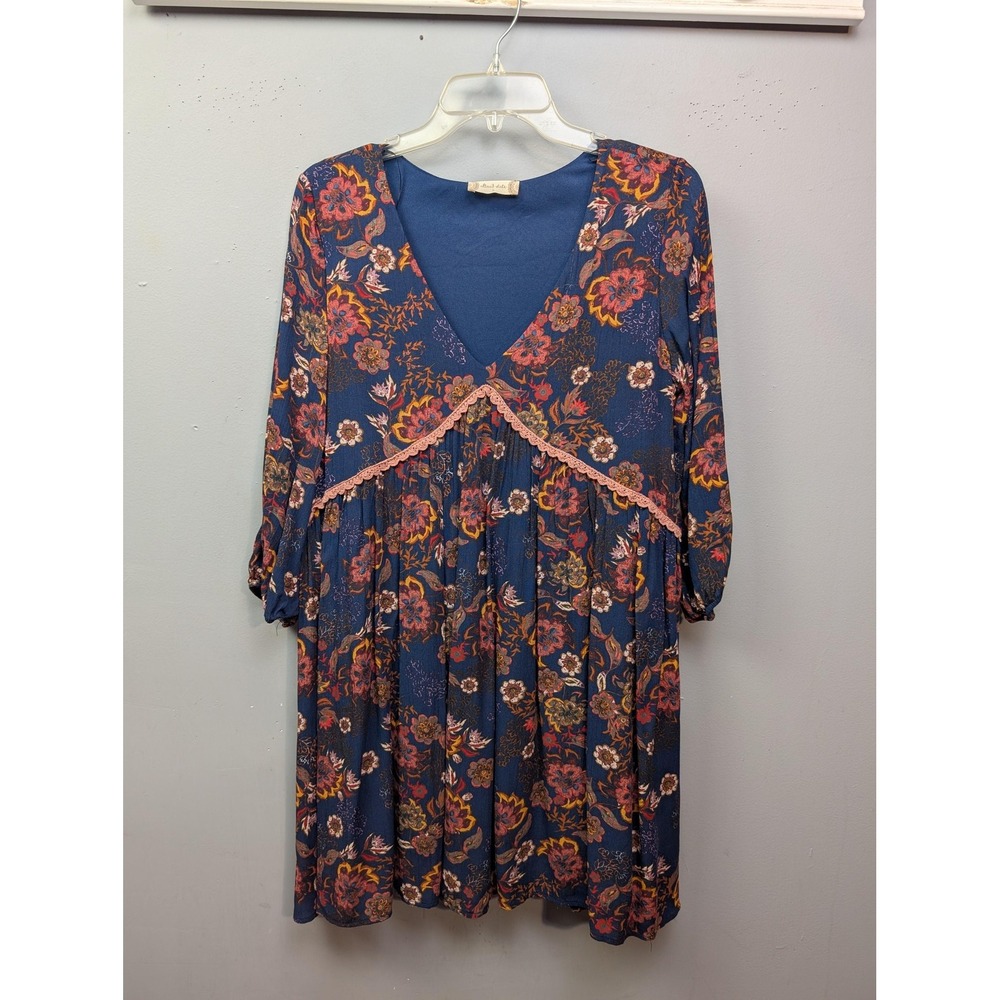 Altar'd State Dress Womens Small Blue Floral V-Neck Mini Boho D6127 Lace Trim